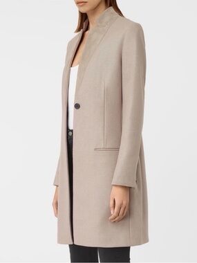 All saints leni wool cashmere blend nude tan single button long coat blazer 6